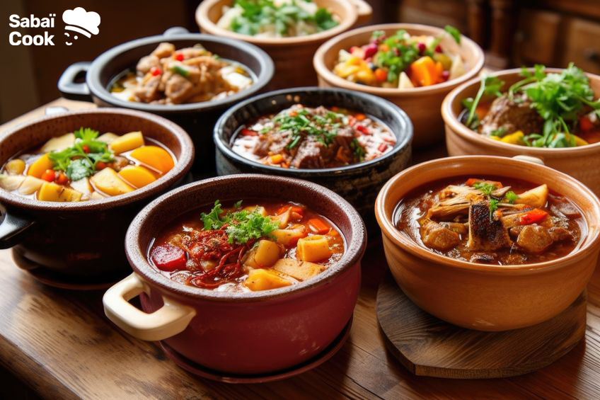 various types of stews displayed in a row of bowls, created with generative ai